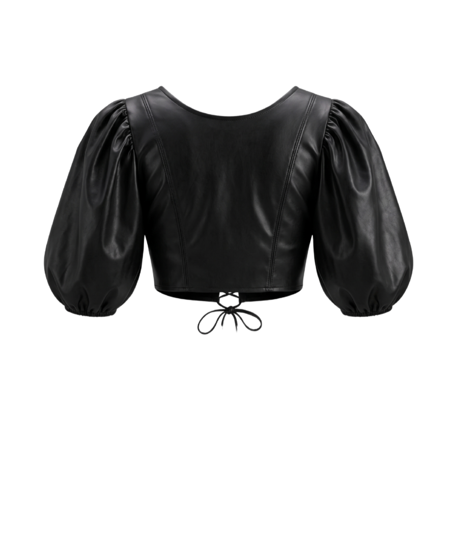 Faux Leather Puff Sleeve Backless Top - 22473