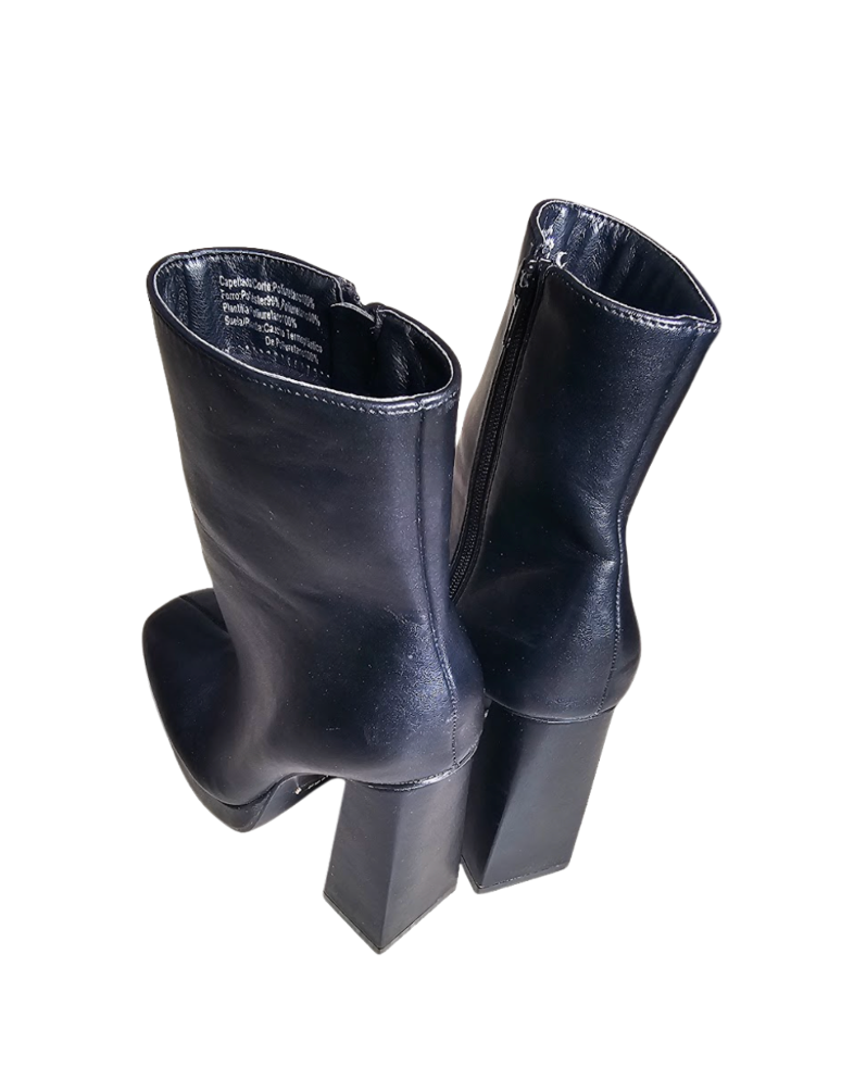 Black Square-Toe Platform Ankle Boots - 23836