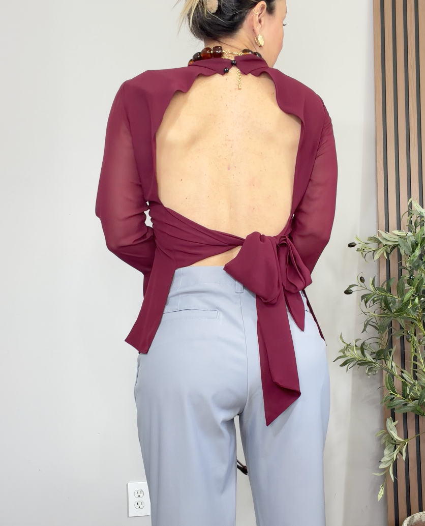 Elegant Burgundy Georgette Bell-Sleeve Blouse - 34788