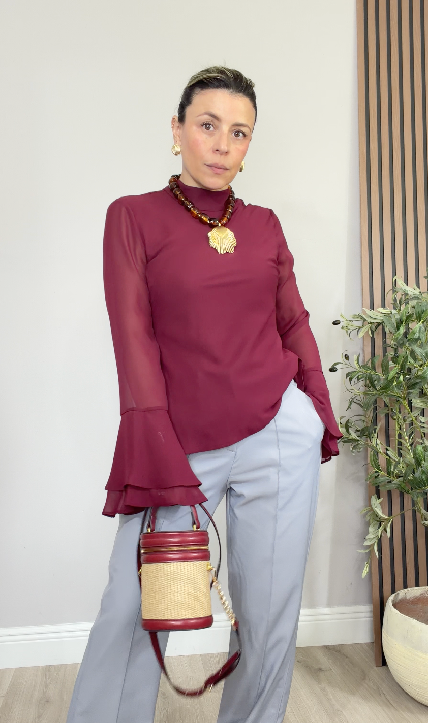Elegant Burgundy Georgette Bell-Sleeve Blouse - 34788