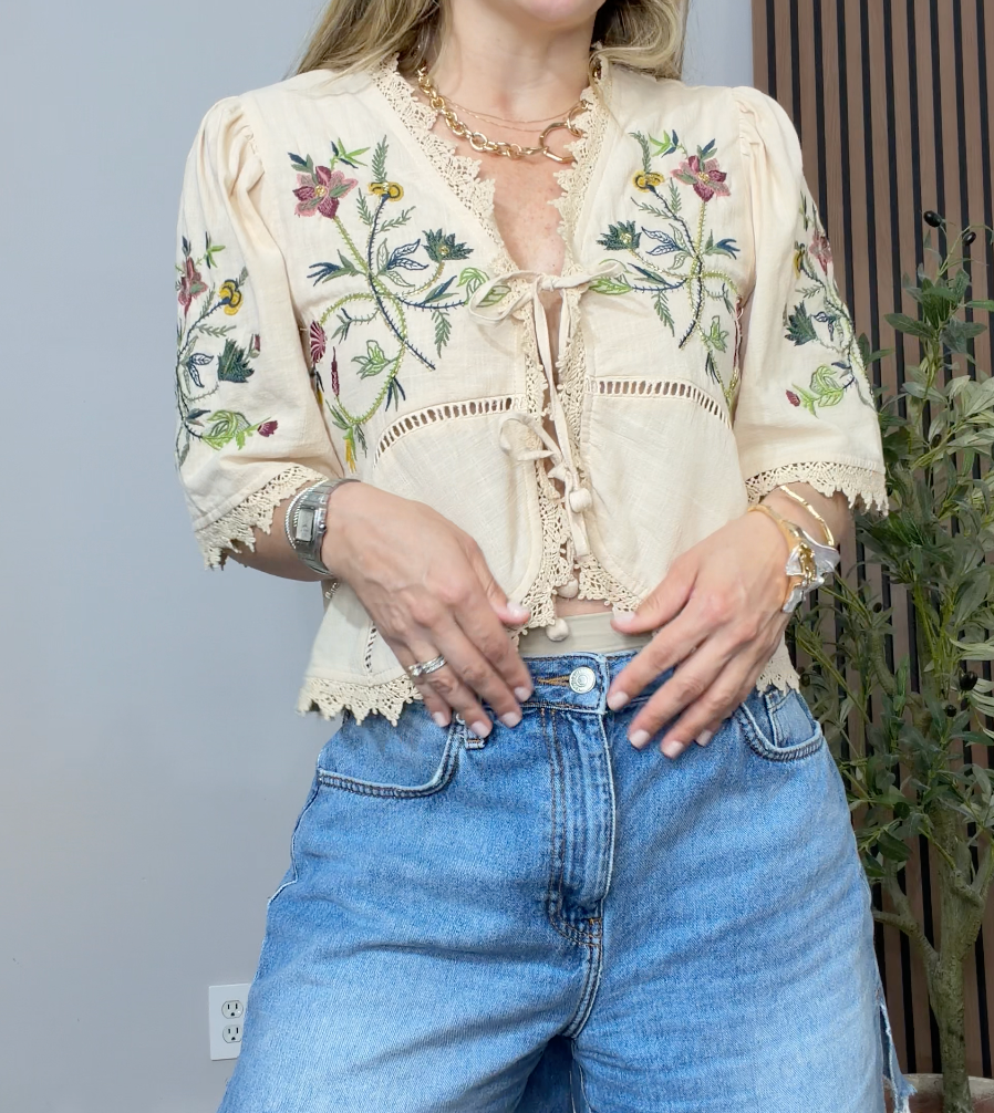 Embroidered Boho Tie-Front Blouse - 34949