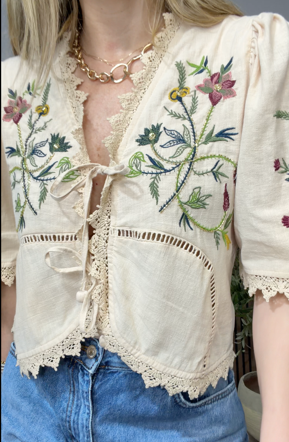 Embroidered Boho Tie-Front Blouse - 34949