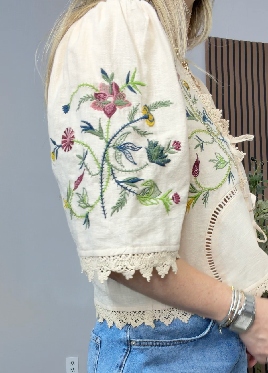 Embroidered Boho Tie-Front Blouse - 34949