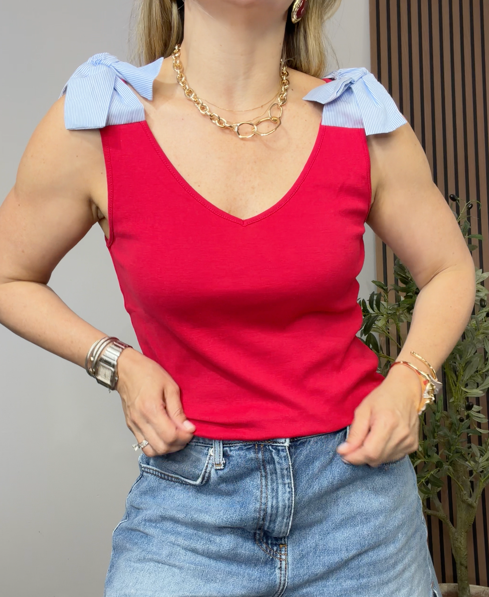 Red Bow-Detail Sleeveless Top - 34946