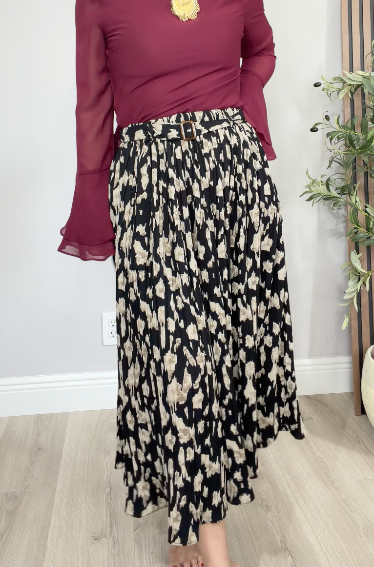 Pleated Abstract Print Midi Skirt with Belt - 34637