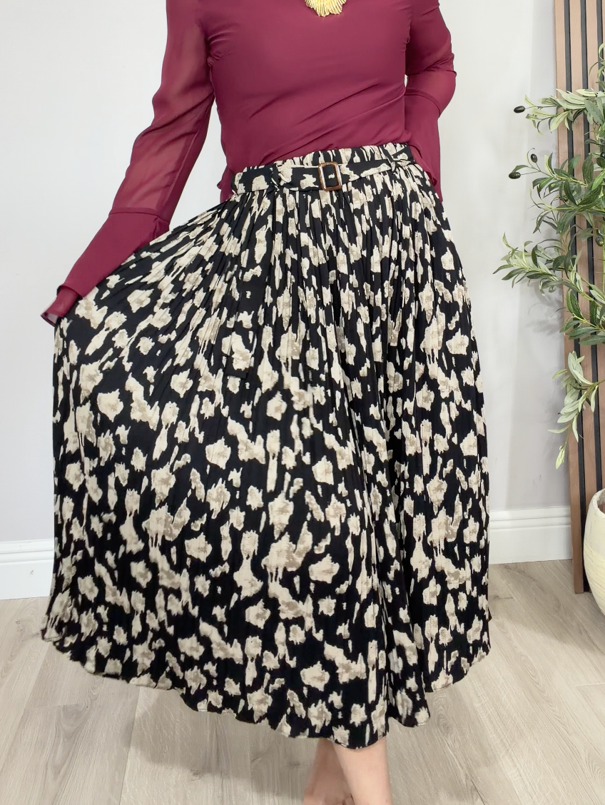 Pleated Abstract Print Midi Skirt with Belt - 34637