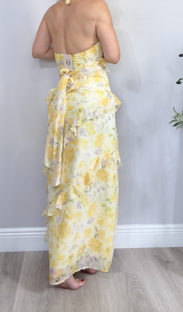 Yellow Floral Halter Maxi Dress - 34775