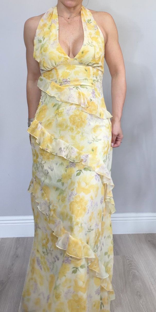 Yellow Floral Halter Maxi Dress - 34775