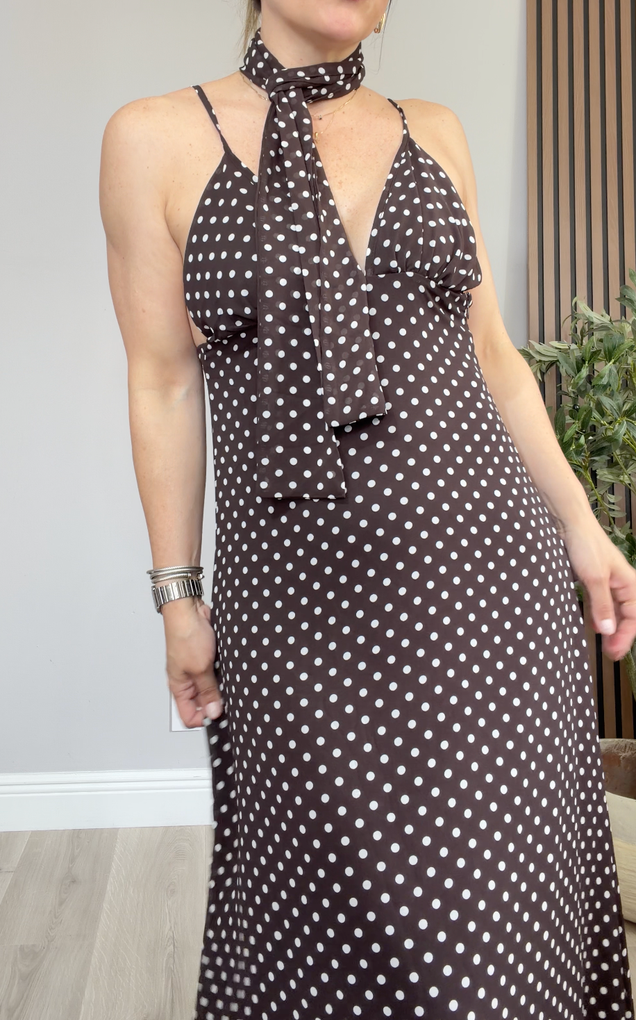 Polka Dot Maxi Dress with Matching Scarf - 34862