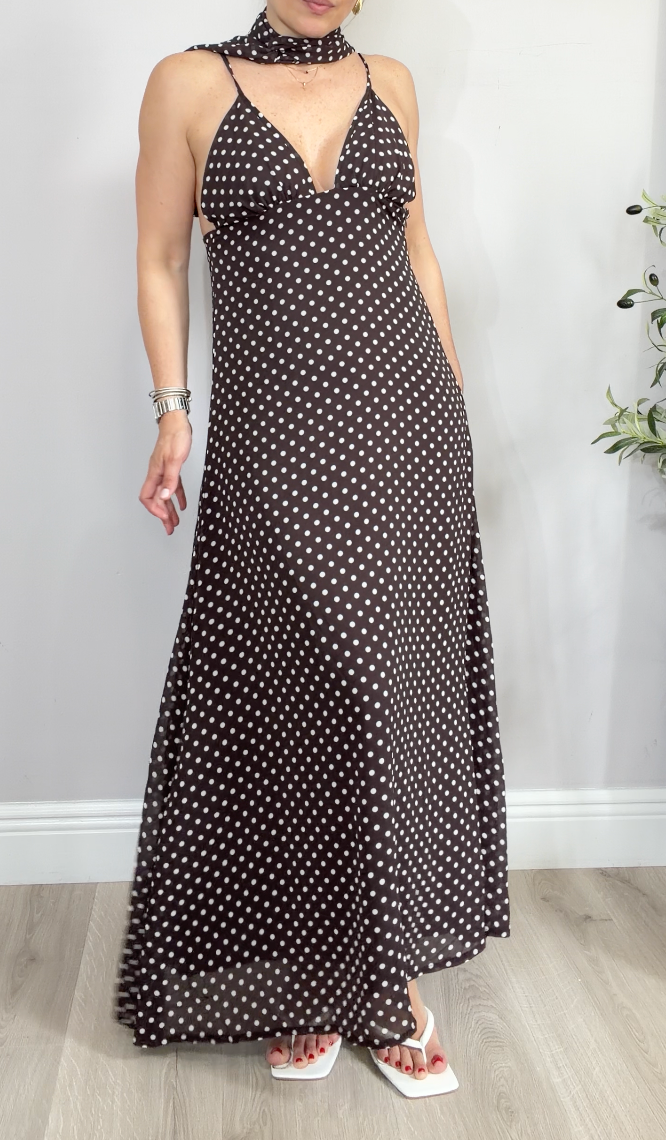 Polka Dot Maxi Dress with Matching Scarf - 34862
