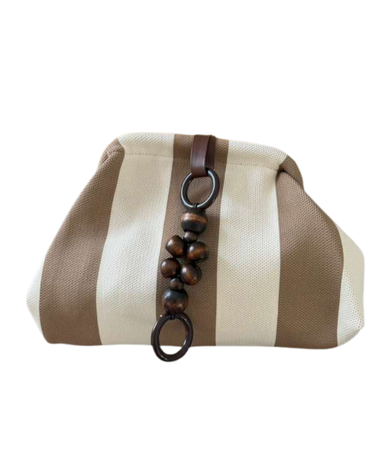 Textured Stripe Pouch with Beaded Handle - 34906