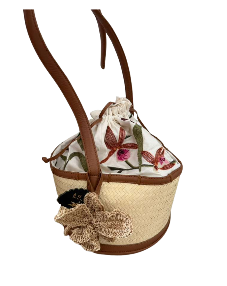 Agua Bendita Embroidered Straw Bucket Bag - 35021