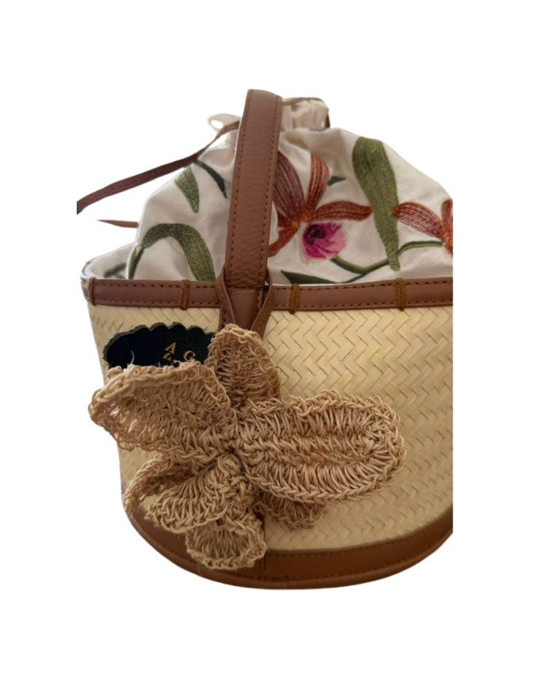 Agua Bendita Embroidered Straw Bucket Bag - 35021