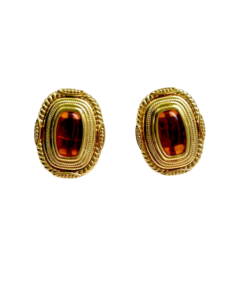 Vintage Oval Amber Cabochon Clip-On Earrings - 34848