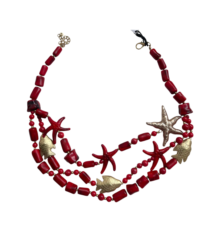 Vibrant Red Coral-Style Multi-Strand Marine Necklace - 34882
