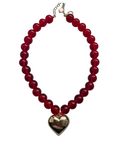 Vibrant Red Beaded Necklace with Gold Heart Pendant - 34880