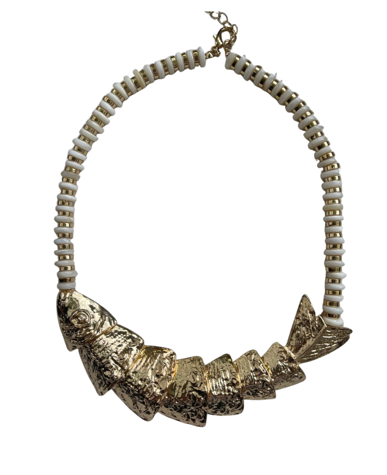 Elegance articulated fish pendant necklace with ivory and gold beads - 34881