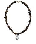 Natural Tiger's Eye Chip Necklace with Baroque Pearl Pendant - 33154