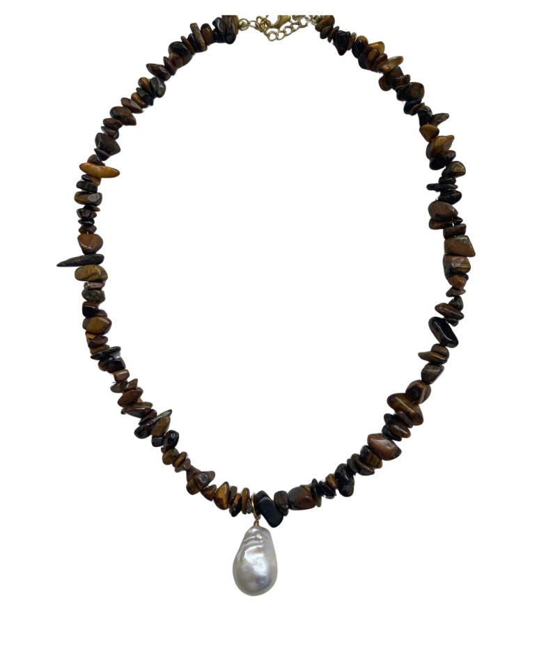 Natural Tiger's Eye Chip Necklace with Baroque Pearl Pendant - 33154