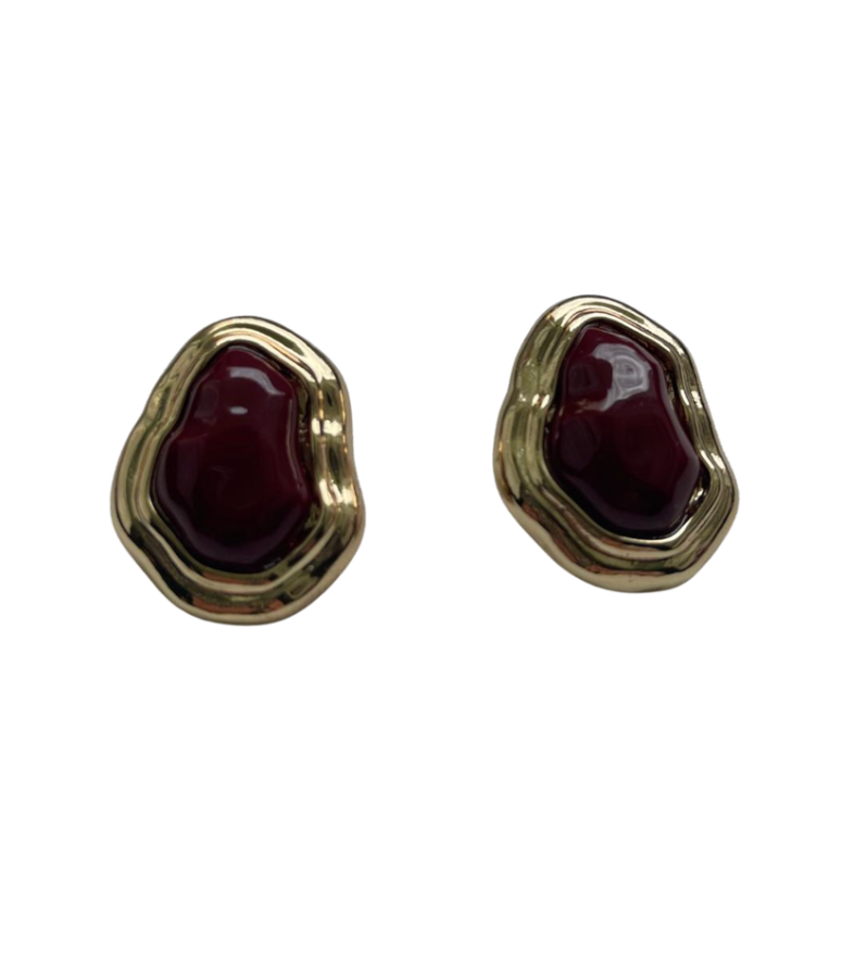 Vintage-Inspired Organic Enamel Stud Earrings in Burgundy and Gold - 34845