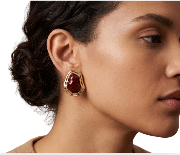 Vintage-Inspired Organic Enamel Stud Earrings in Burgundy and Gold - 34845