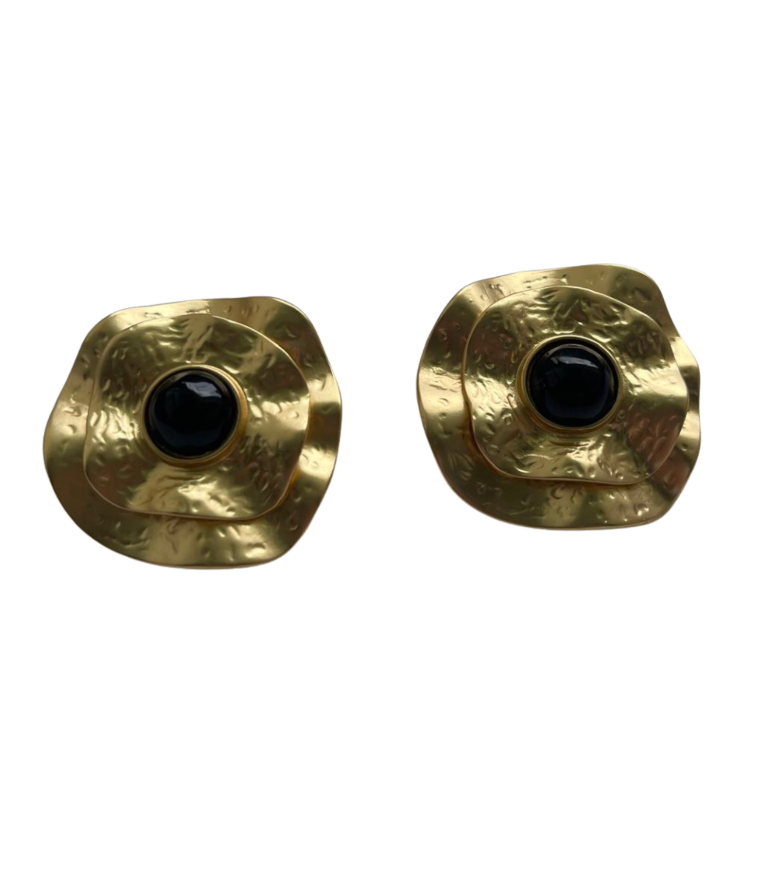 Vintage-Inspired Textured Gold Flower Stud Earrings with Black Cabochon Center - 34846