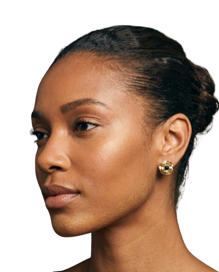 Vintage-Inspired Textured Gold Flower Stud Earrings with Black Cabochon Center - 34846