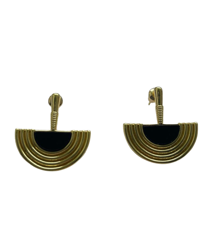 Geometric Gold and Black Enamel Art Deco Stud Earrings - 34844
