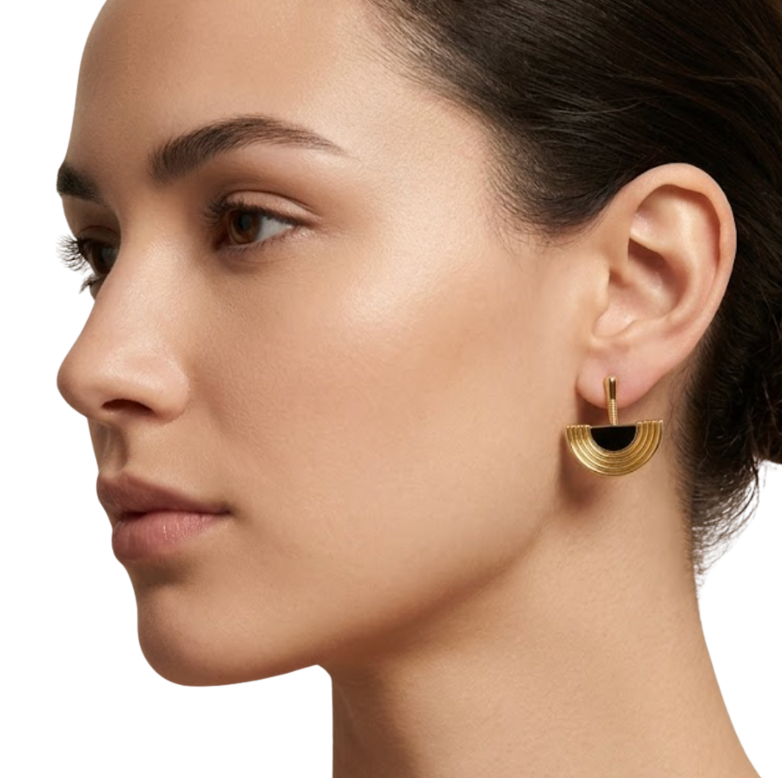 Geometric Gold and Black Enamel Art Deco Stud Earrings - 34844
