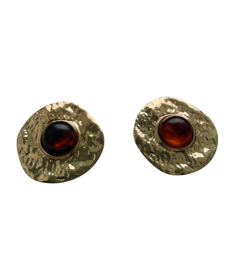 Vintage-Inspired Hammered Gold Disk Earrings with Amber Cabochon Center - 34847