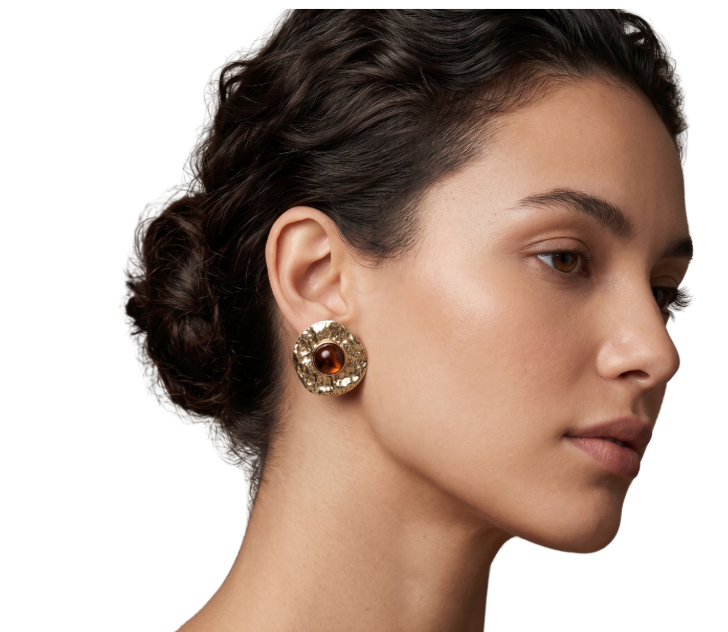Vintage-Inspired Hammered Gold Disk Earrings with Amber Cabochon Center - 34847