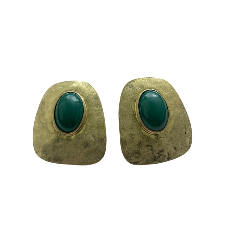 Vintage-Inspired Textured Gold Shield Earrings with Emerald Green Cabochon - 34843