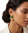 Vintage-Inspired Textured Gold Shield Earrings with Emerald Green Cabochon - 34843
