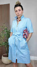 Light Blue Zipper-Front Utility Midi Dress - 34400