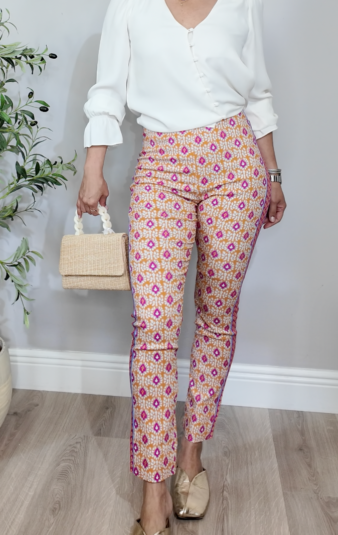 High-Waisted Geometric Print Slim Trousers - 34235