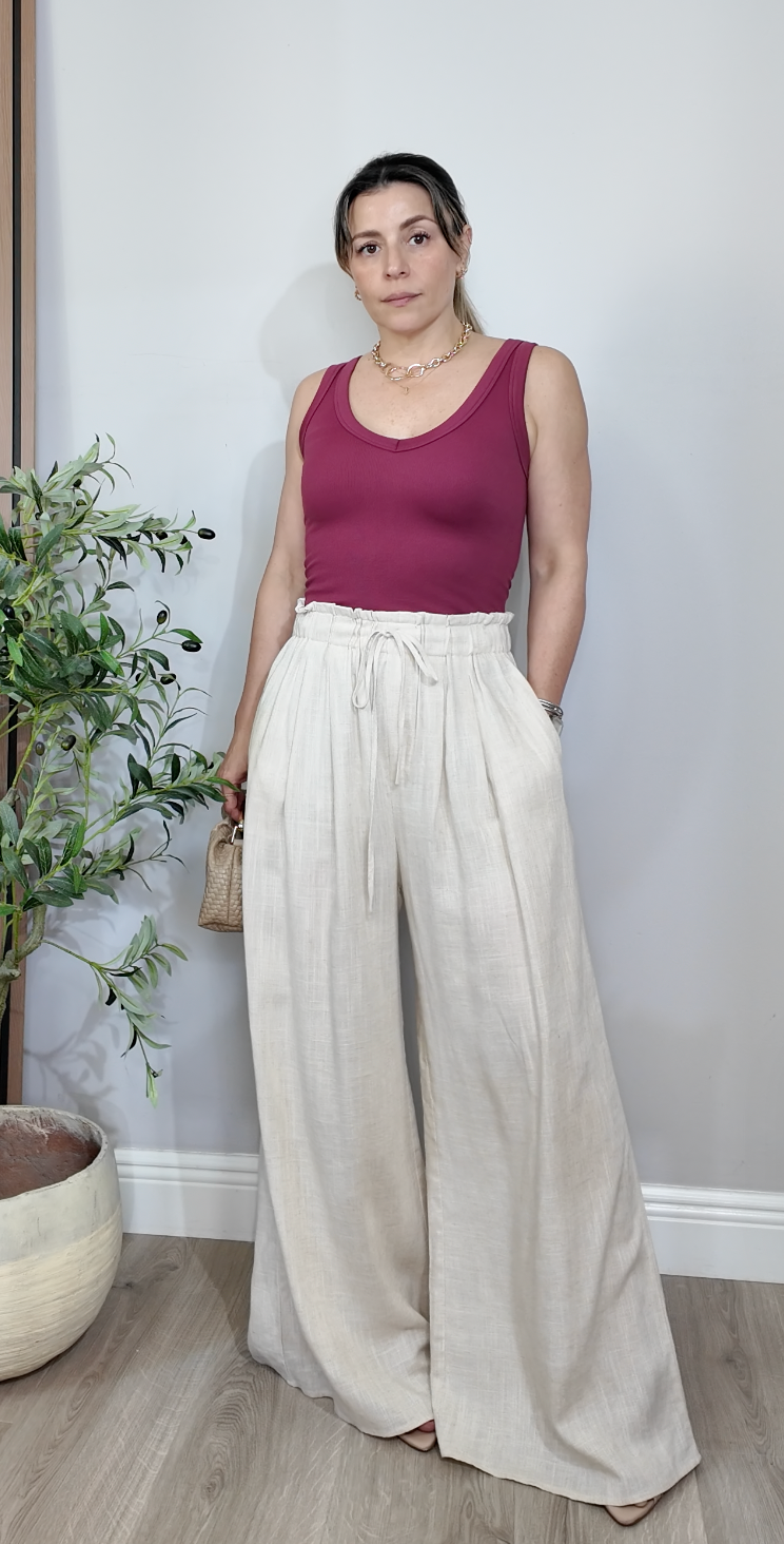 High-Waisted Linen Wide-Leg Trousers - 34173