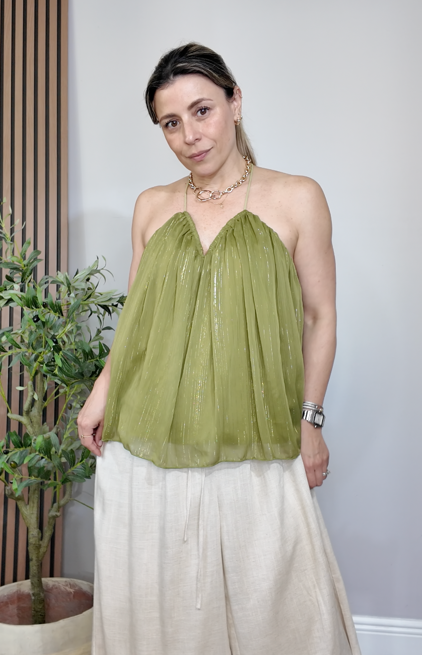 Luminous Sage Plisse Halter Blouse - 35047