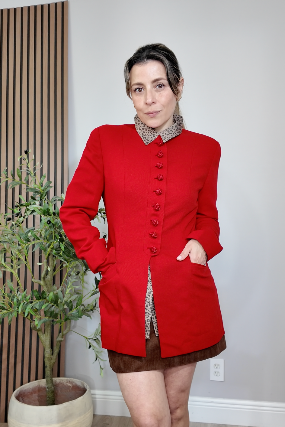 Vintage-Inspired Red Mock-Neck Blazer  - 34258