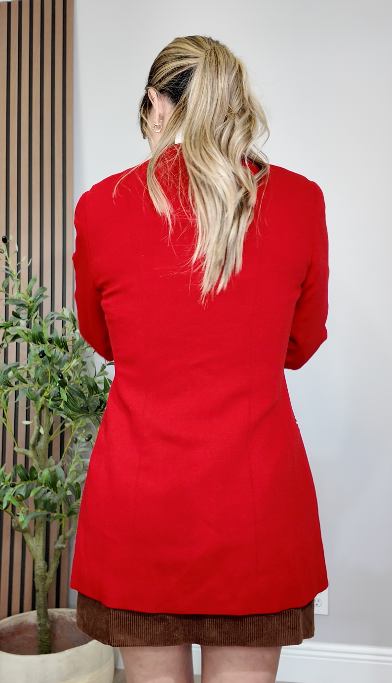 Vintage-Inspired Red Mock-Neck Blazer  - 34258