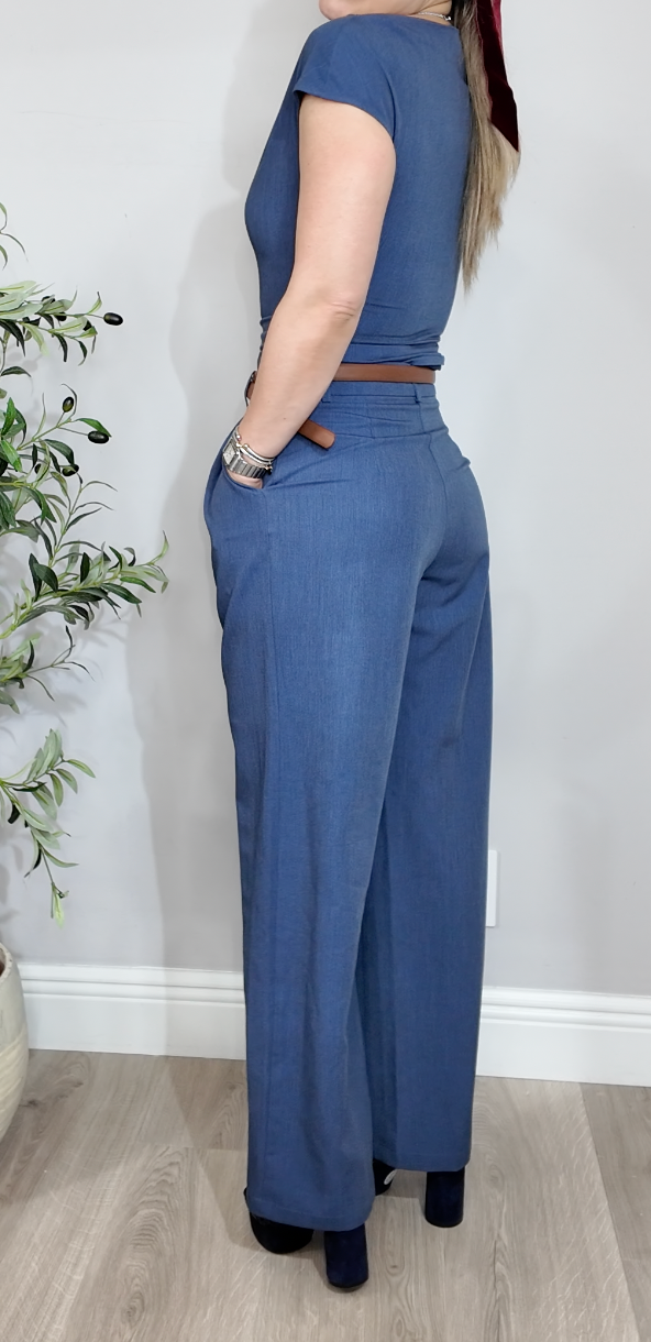 Classic Blue Wide-Leg Pant Set - 35011