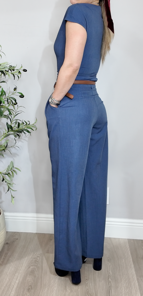 Classic Blue Wide-Leg Pant Set - 35011