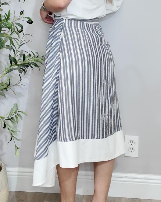 Blue and White Striped A-Line Midi Skirt - 34993