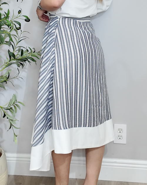 Blue and White Striped A-Line Midi Skirt - 34993