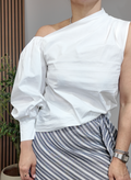 White One-Shoulder Puff Sleeve Blouse - 34994