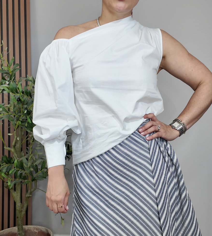 White One-Shoulder Puff Sleeve Blouse - 34994