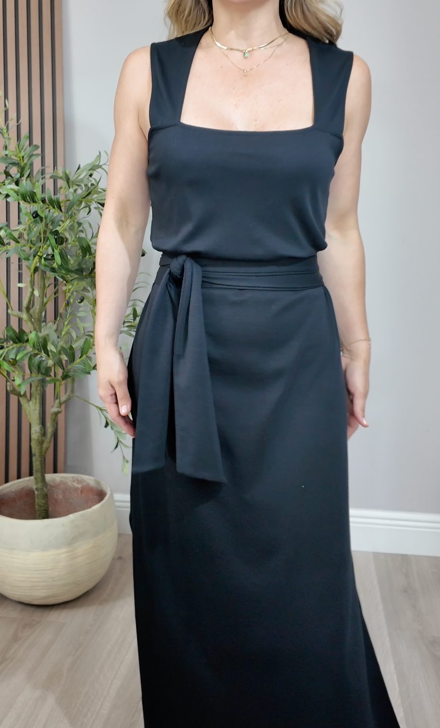 Vince Black Square Neck Tie-Waist Midi Dress - 34409