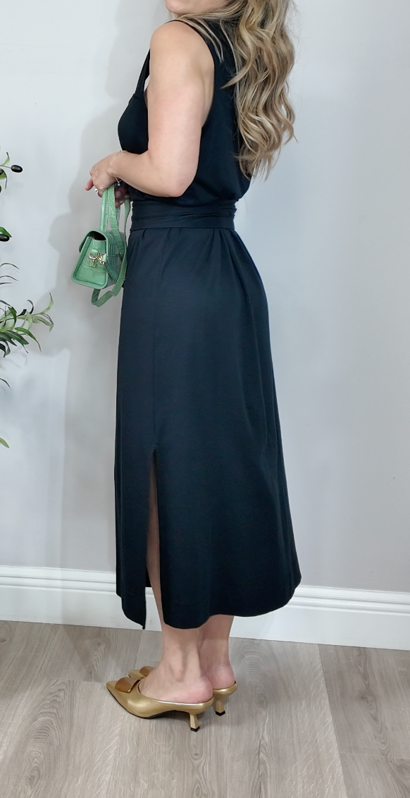 Vince Black Square Neck Tie-Waist Midi Dress - 34409