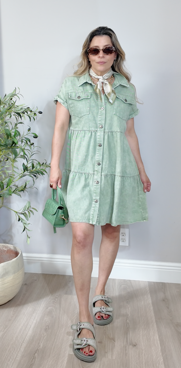 Sage Cotton Drill Tiered Shirtdress - 35090