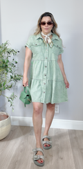 Sage Cotton Drill Tiered Shirtdress - 35090