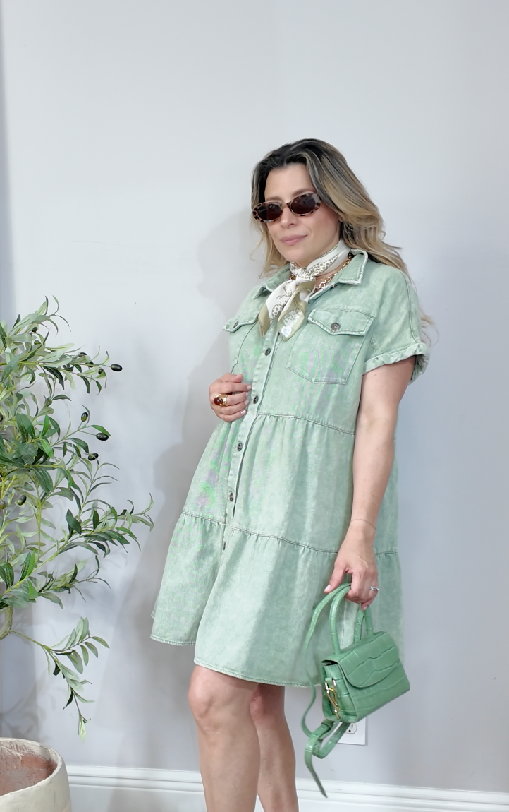 Sage Cotton Drill Tiered Shirtdress - 35090